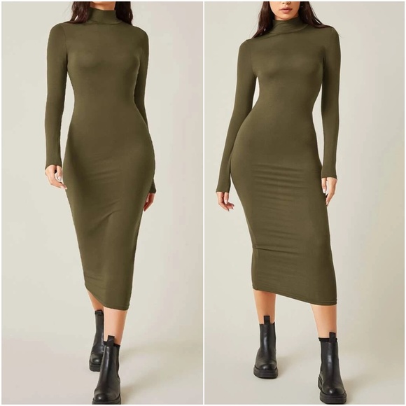 Dresses & Skirts - Army Green mock neck fitted midi dress Party